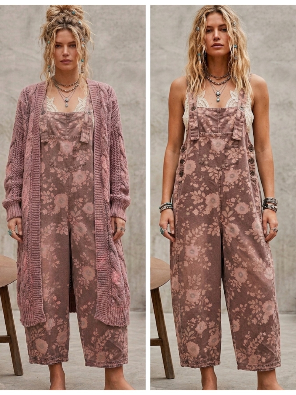 Floral Wide-Leg Overalls in Dusty Rose